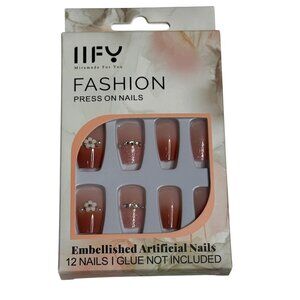 Peach Nude Floral Glitter Press On Nails 12pc